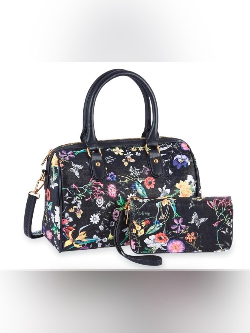 NWOT! Floral Print Vegan Leather Black Handbag and Wallet Set